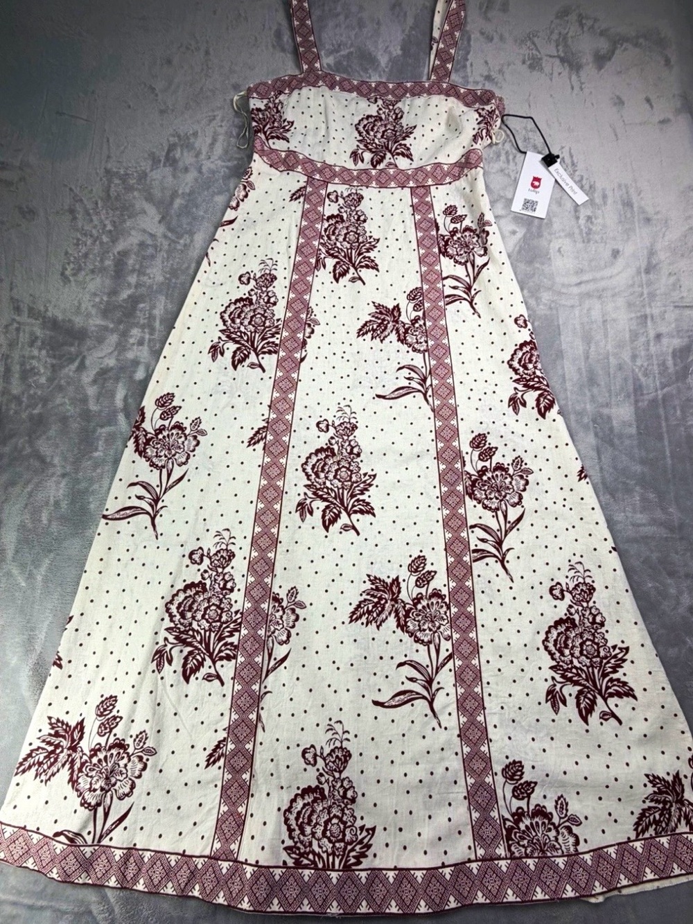Tulip Creations Cream Maxi Dress with Burgundy Floral Summer Party Beach 10 (S)